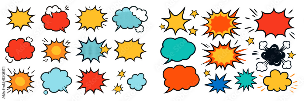 This vector illustration features a variety of speech and thought bubbles in different colors and shapes This vector illustration features a variety of speech and thought bubbles in different colors and shapes