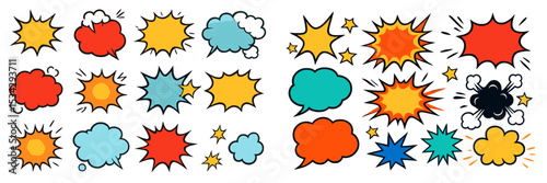 This vector illustration features a variety of speech and thought bubbles in different colors and shapes