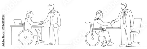 Illustration of professional meeting between a wheelchair user and a businessperson in an office setting