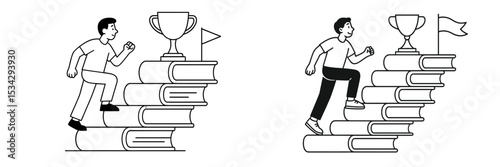 Climbing stairs made of books to reach a trophy symbolizing success and achievement in education and knowledge