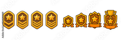Various golden badges and trophies representing achievements and rewards in a vector flat illustration style