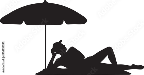 Silhouette of a relaxing person lying under a beach umbrella on a sunny day
