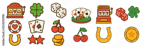 Colorful vector flat illustration of various casino-themed symbols including playing cards, dice, and slot machines