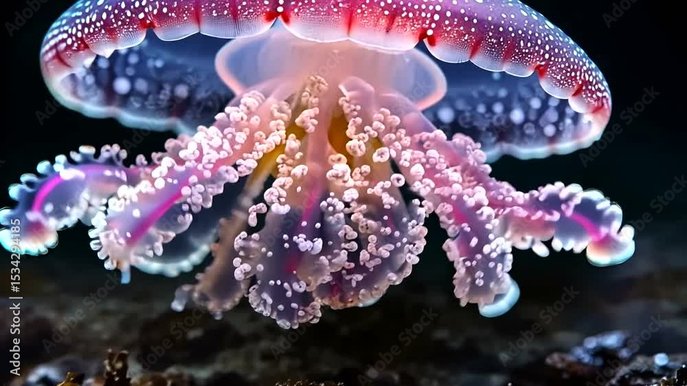 Elegant mauve stinger jellyfish gracefully dances beneath the ocean surface showcasing beautiful tentacles