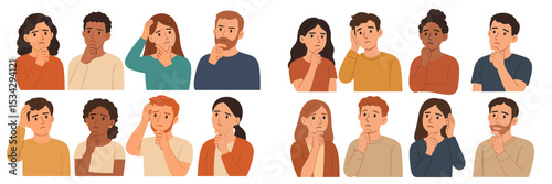 Diverse group of people displaying various contemplative expressions in a casual setting