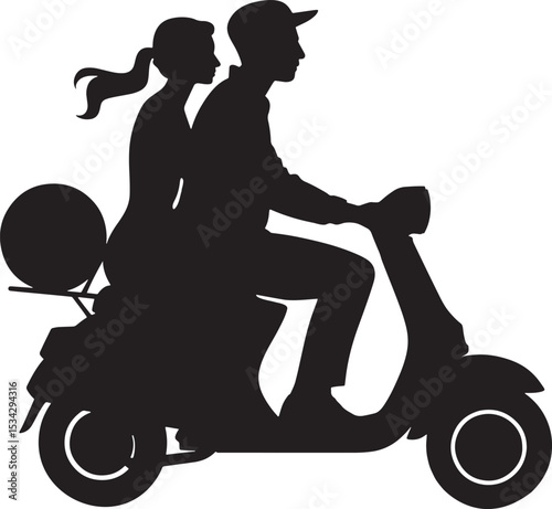 Silhouetted couple on a classic scooter motorcycle riding together in black color