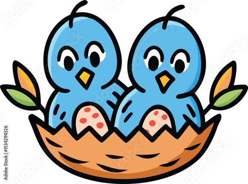 cute baby birds in nest,bird nest with cartoon blue bird chicks,adorable blue bird hatchlings in woven nest,cozy birds hatching from eggs in cozy nest,sweet baby bird siblings in natural nest
