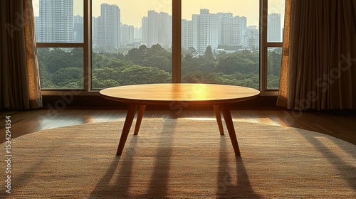 Sunlit round table with a city view through large windows