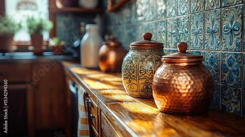 Sunny kitchen ornate jars & tiles on wood countertop