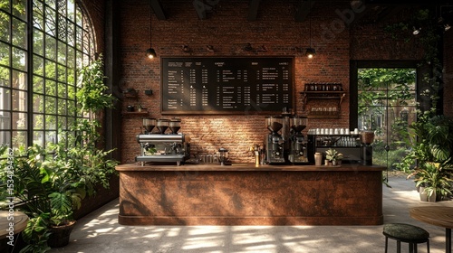 Sunny cafe brick, plants, bar, espresso machines