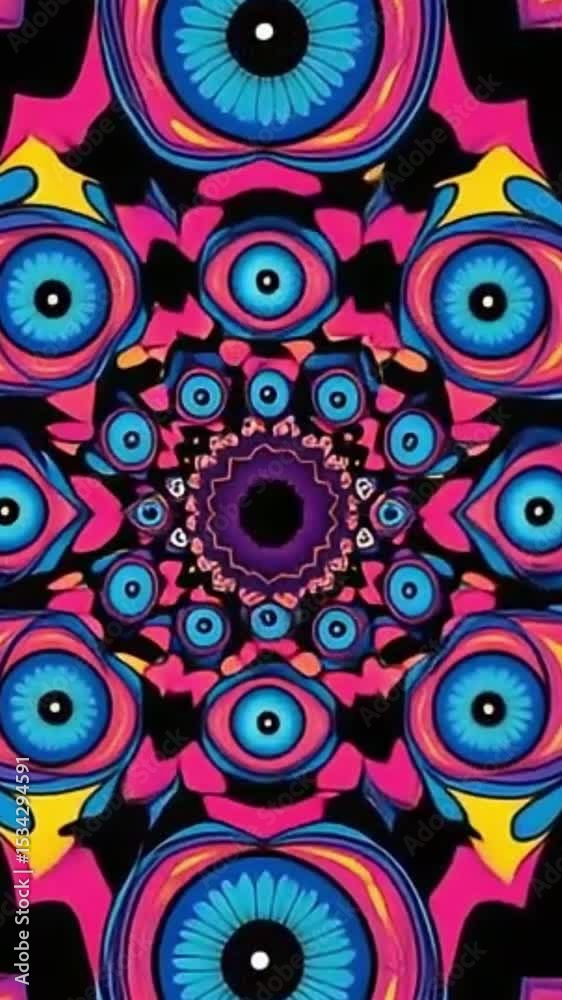 Eye-themed vector loop in vibrant retro colors, trippy seamless background

