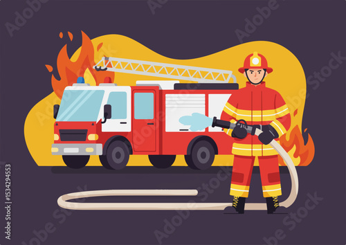 flat, firefighter, vector, illustration, emergency, fire, safety, design, set, fireman, isolated, rescue, equipment, extinguisher, alarm, protection, danger, collection, icon, hose, truck, symbol,