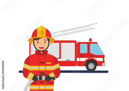 flat, firefighter, vector, illustration, emergency, fire, safety, design, set, fireman, isolated, rescue, equipment, extinguisher, alarm, protection, danger, collection, icon, hose, truck, symbol,