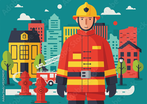 flat, firefighter, vector, illustration, emergency, fire, safety, design, set, fireman, isolated, rescue, equipment, extinguisher, alarm, protection, danger, collection, icon, hose, truck, symbol,