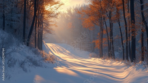 Sunny snow path. Trees & light pierce the winter forest