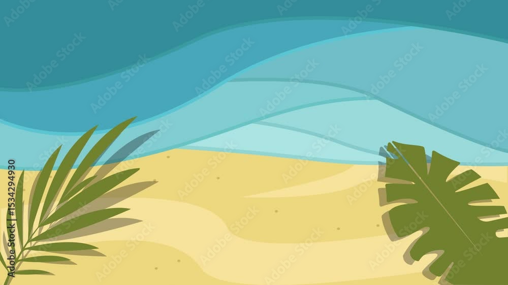 ocean beach cartoon animation backgrounds video . minimalist island at nature landscape with wave and leaf animated motion graphic illustration design