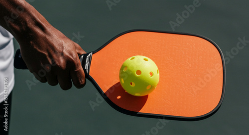 Close-up of a pickleball paddle and ball held by an African American player, ready for the game. Concept of equipment and readiness in pickleball.