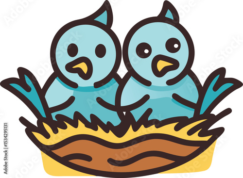 cute baby birds in nest,bird nest with cartoon blue bird chicks,adorable blue bird hatchlings in woven nest,cozy birds hatching from eggs in cozy nest,sweet baby bird siblings in natural nest

