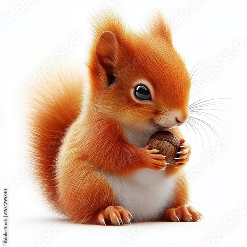 A cute little squirrel is holding an acorn in its mouth