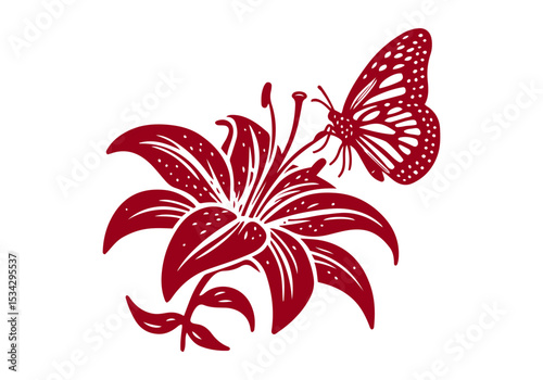 Stargazer Lily Flower Hand Drawn Natural Illustration Stylized as Linocut Vector Isolated by AZ for Books, Arts, Design and Decoration Graphic Asset