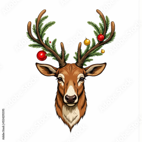 Cartoon reindeer head with festive antlers decorated for Christmas  