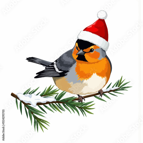 Christmas bird wearing a red hat on a pine branch with snow  