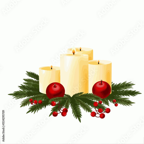 Decorative Christmas candles with red ornaments and greenery  