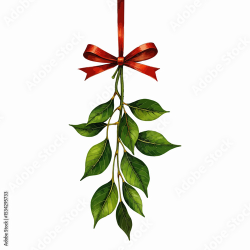 Green mistletoe plant hanging with red ribbon bow  