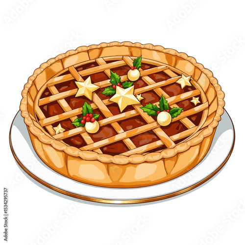 Holiday pie with decorative toppings on a serving plate  