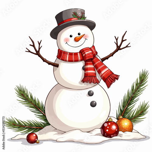 Cartoon snowman wearing scarf and top hat surrounded by ornaments  