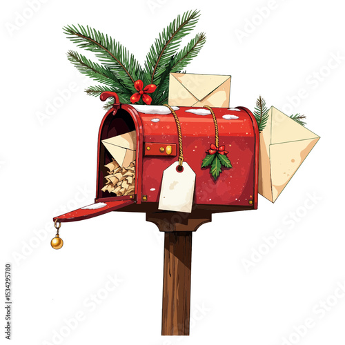 Red Christmas mailbox with letters and pine branches for holidays  