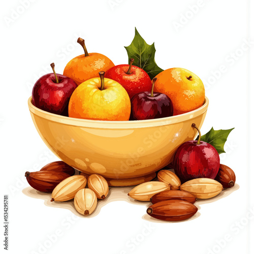 Colorful fruits and nuts arranged in a yellow bowl on white background  