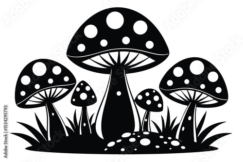 Stylized Group of Spotted Mushrooms, Grass, and Other Fungi in Silhouette