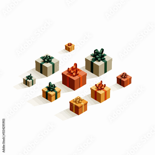 Collection of colorful gift boxes with ribbons in isometric style  