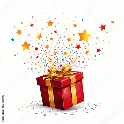 Red gift box with golden ribbon and colorful confetti explosion  