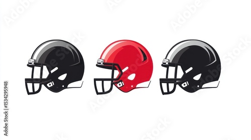 Three American football helmets in black and red