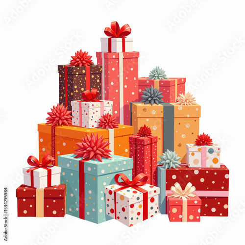 Colorful gift boxes stacked together with polka dots and ribbons  