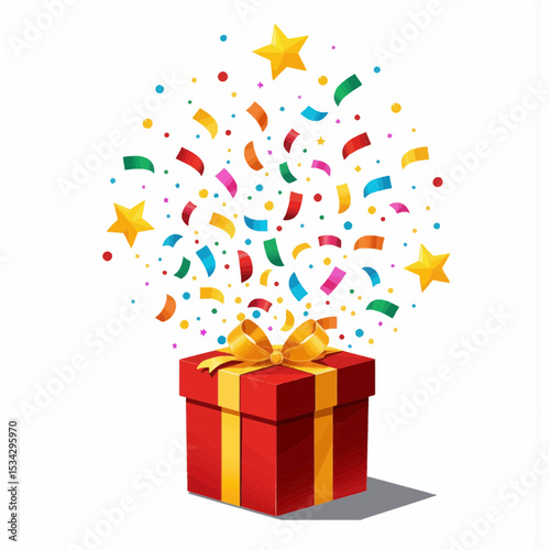 Colorful gift box with confetti and stars on white background  
