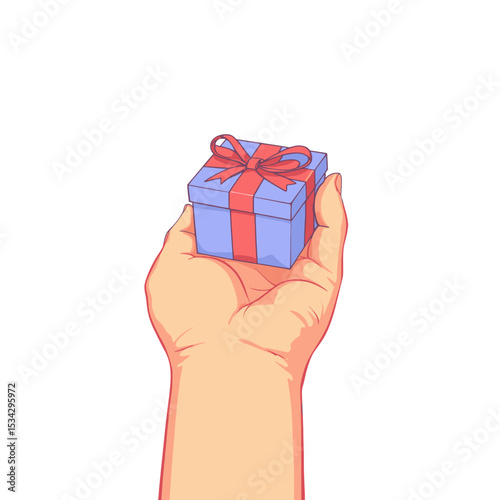 Small gift box held in hand with colorful ribbon on white background  