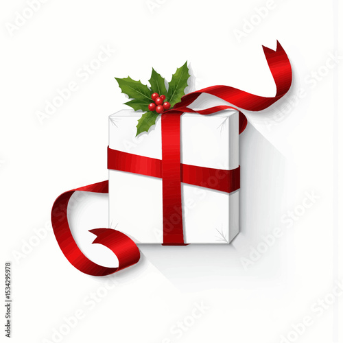 Wrapped Christmas gift box with red ribbon and holly decoration  