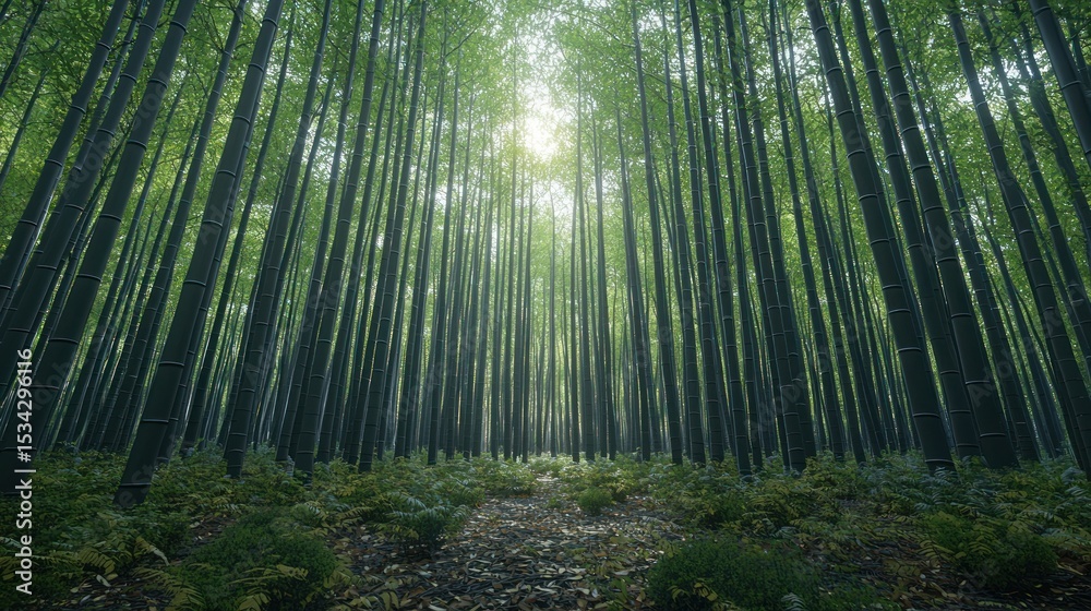 Obraz premium Tall bamboo forest, path, sunny canopy