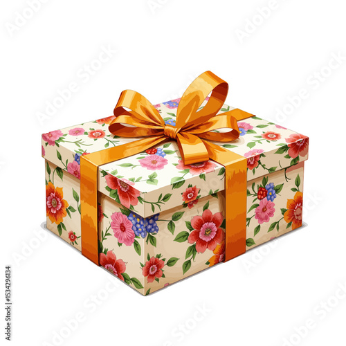 Floral patterned gift box with orange ribbon and bow