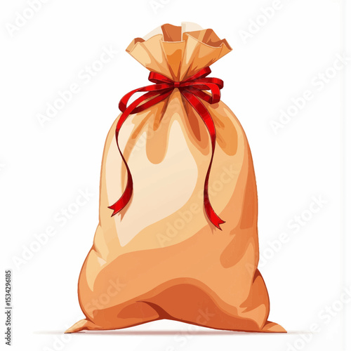 Burlap sack tied with red ribbon on a white background  