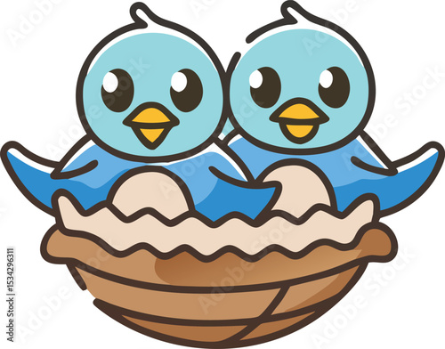 cute baby birds in nest,bird nest with cartoon blue bird chicks,adorable blue bird hatchlings in woven nest,cozy birds hatching from eggs in cozy nest,sweet baby bird siblings in natural nest
