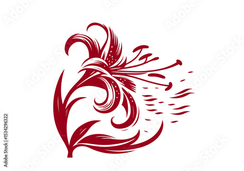 Stargazer Lily Flower Hand Drawn Natural Illustration Stylized as Linocut Vector Isolated by AZ for Books, Arts, Design and Decoration Graphic Asset