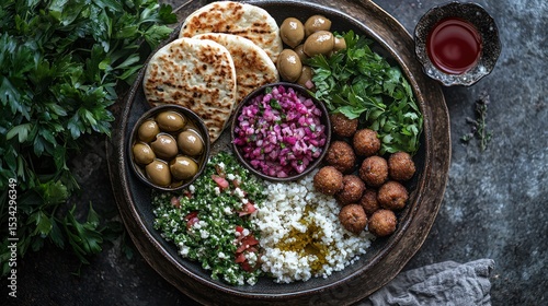 Tasty platter with bread, tabbouleh, olives, and meatballs