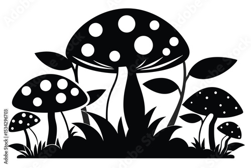 Black and White Illustration of Mushrooms with Spots and Leaves in Silhouette Form