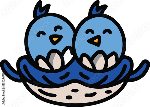 cute baby birds in nest,bird nest with cartoon blue bird chicks,adorable blue bird hatchlings in woven nest,cozy birds hatching from eggs in cozy nest,sweet baby bird siblings in natural nest
