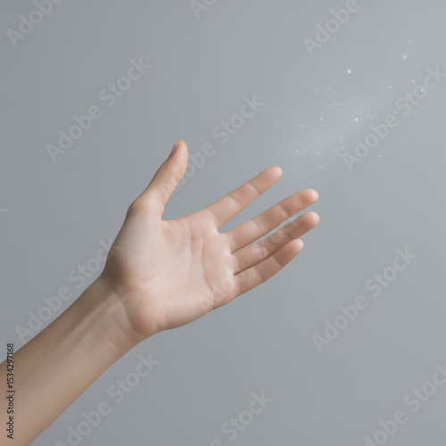 Open hand soft skin gentle gesture light particles magic hope minimal gray background delicate dreamy
