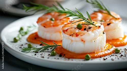 Three shrimp appetizers with sauce, peas, and rosemary